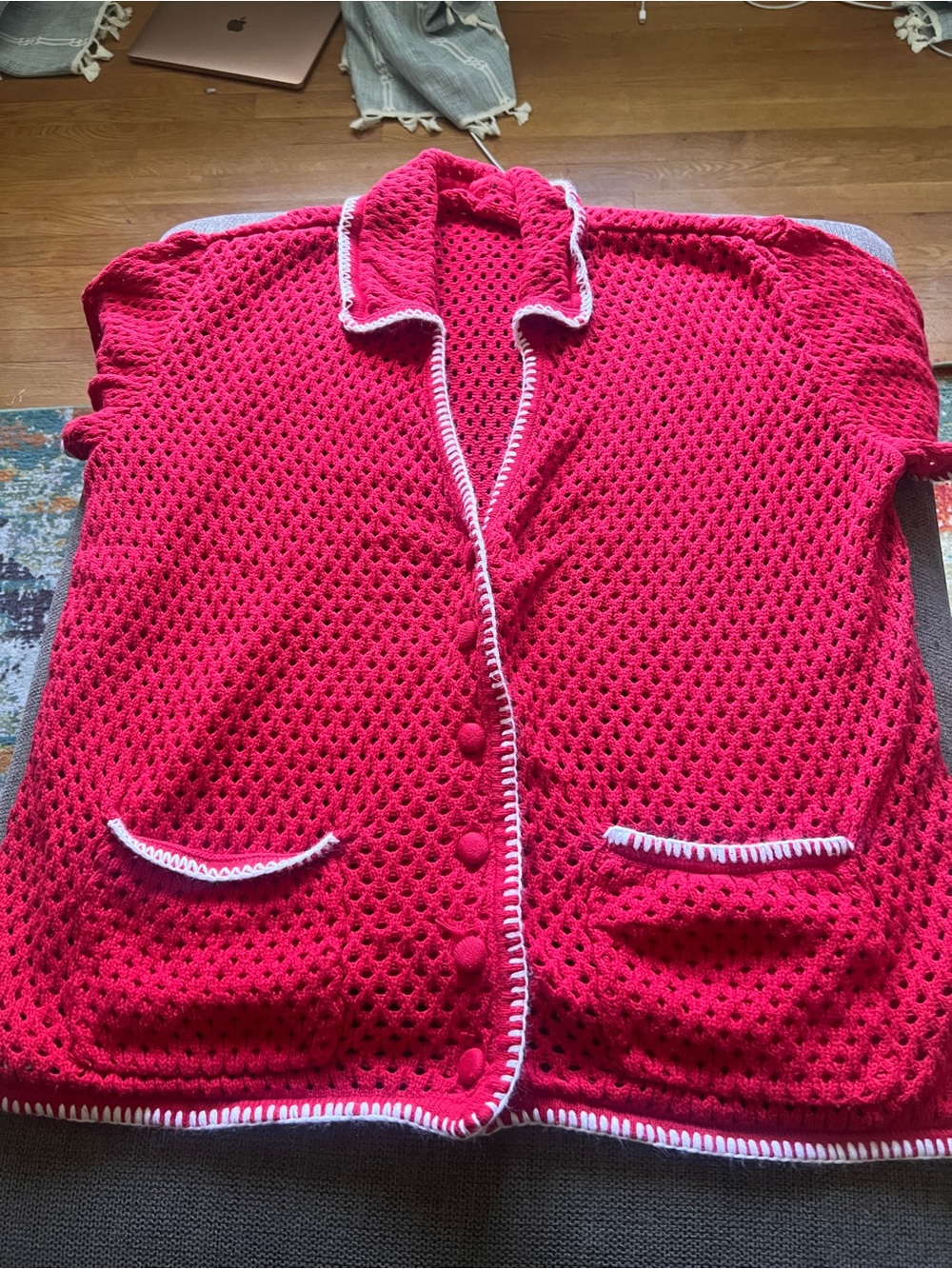 Eloquii Vibrant Red Open-Knit Cardigan and Shorts  with White Trim Accents
